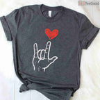ASL I Love You Hand Sign T-Shirt, American Sign Language Heart Valentine Shirt for Women Kids Men