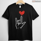 ASL I Love You Hand Sign T-Shirt, American Sign Language Heart Valentine Shirt for Women Kids Men