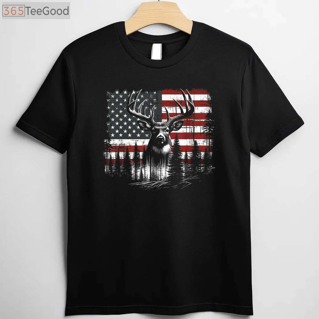 American Flag Deer Hunting T-Shirt - Whitetail Buck Antlers Hunter Gift