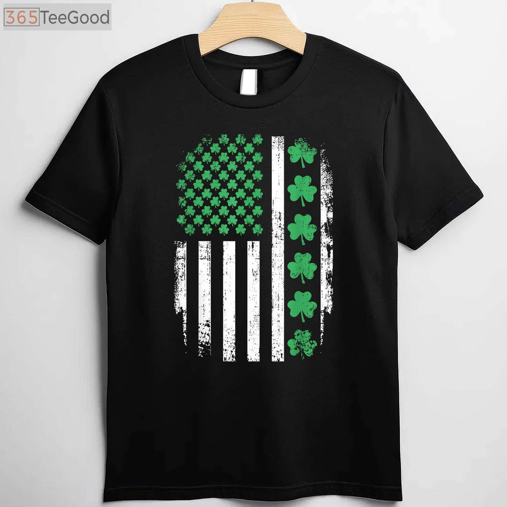 American Flag with Shamrocks St Patrick’s Day T-Shirt, Irish USA Patriotic Shirt