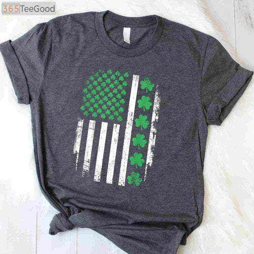 American Flag with Shamrocks St Patrick’s Day T-Shirt, Irish USA Patriotic Shirt