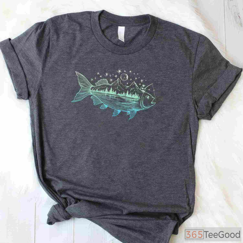 Artistic Mountain Nature Fish Shirt - Cool Wilderness Scene for Fishing Lovers