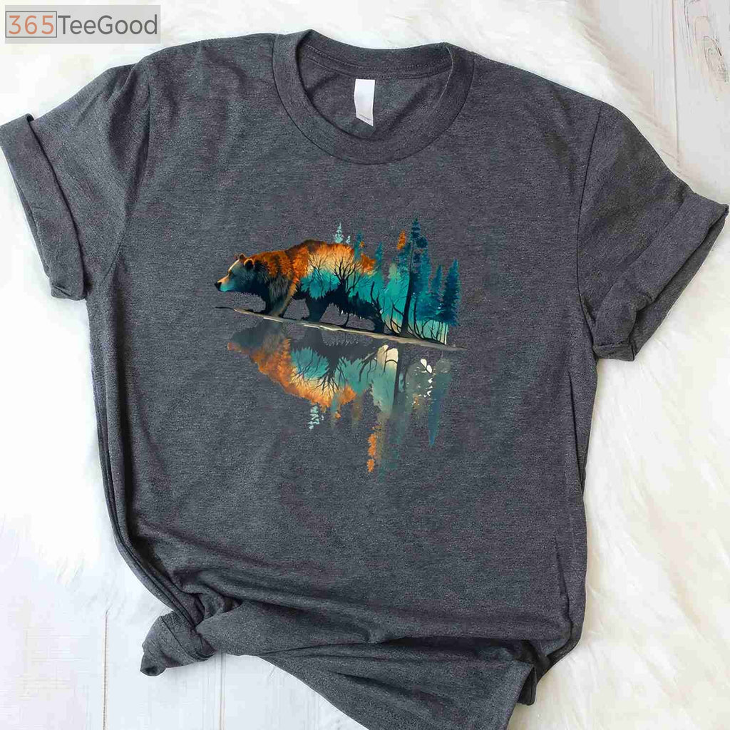 Bear Trees Reflection Nature T-Shirt - Aesthetic Wildlife Forest Outdoor Gift