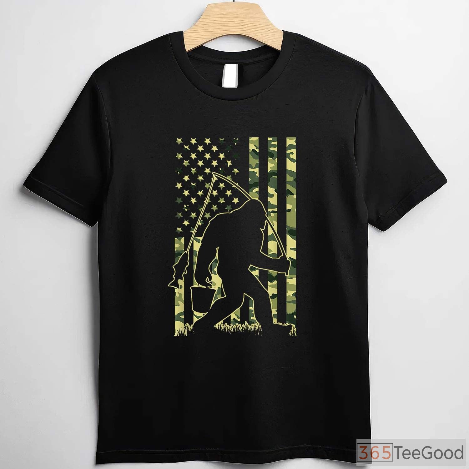 Bigfoot Fishing Camo USA Flag Shirt, Sasquatch Fisherman Gift for Men
