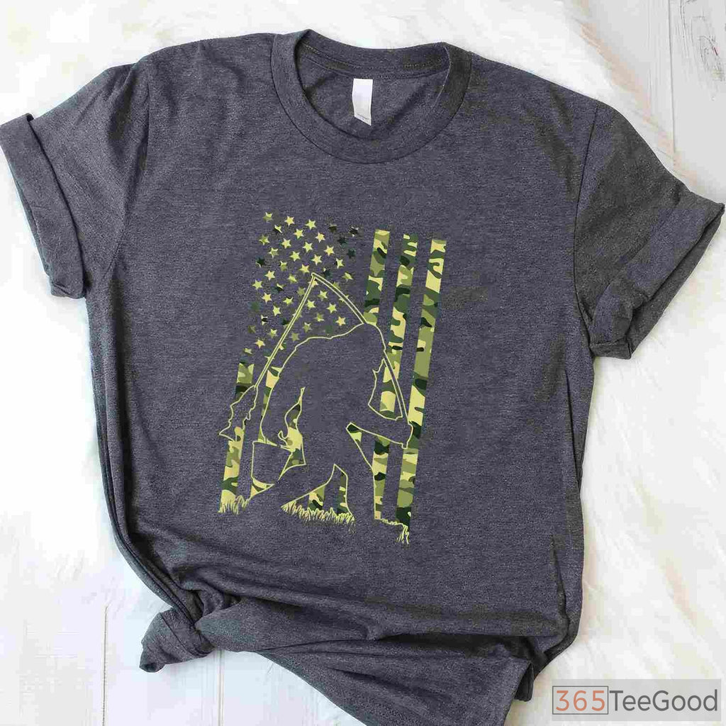 Bigfoot Fishing Camo USA Flag Shirt, Sasquatch Fisherman Gift for Men