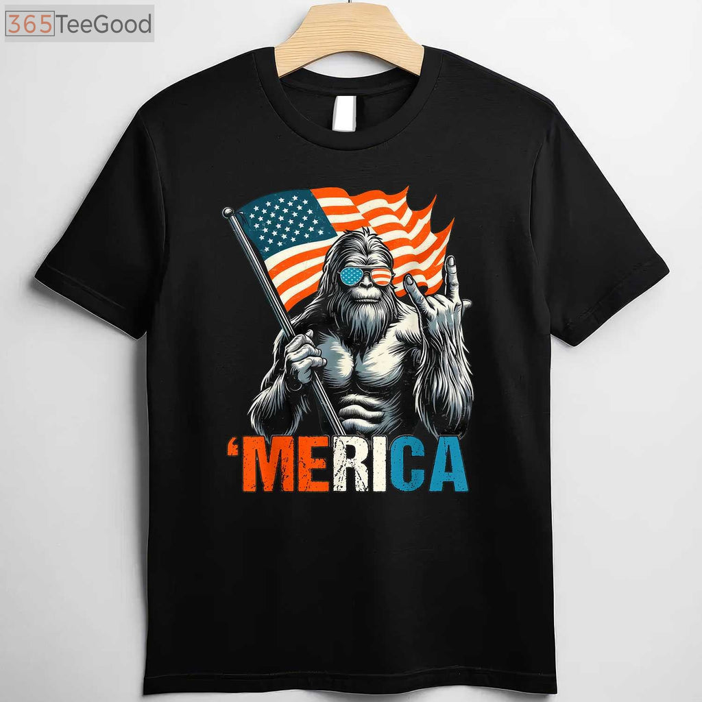 Bigfoot Merica Rock Patriotic 4th of July American Flag T-Shirt