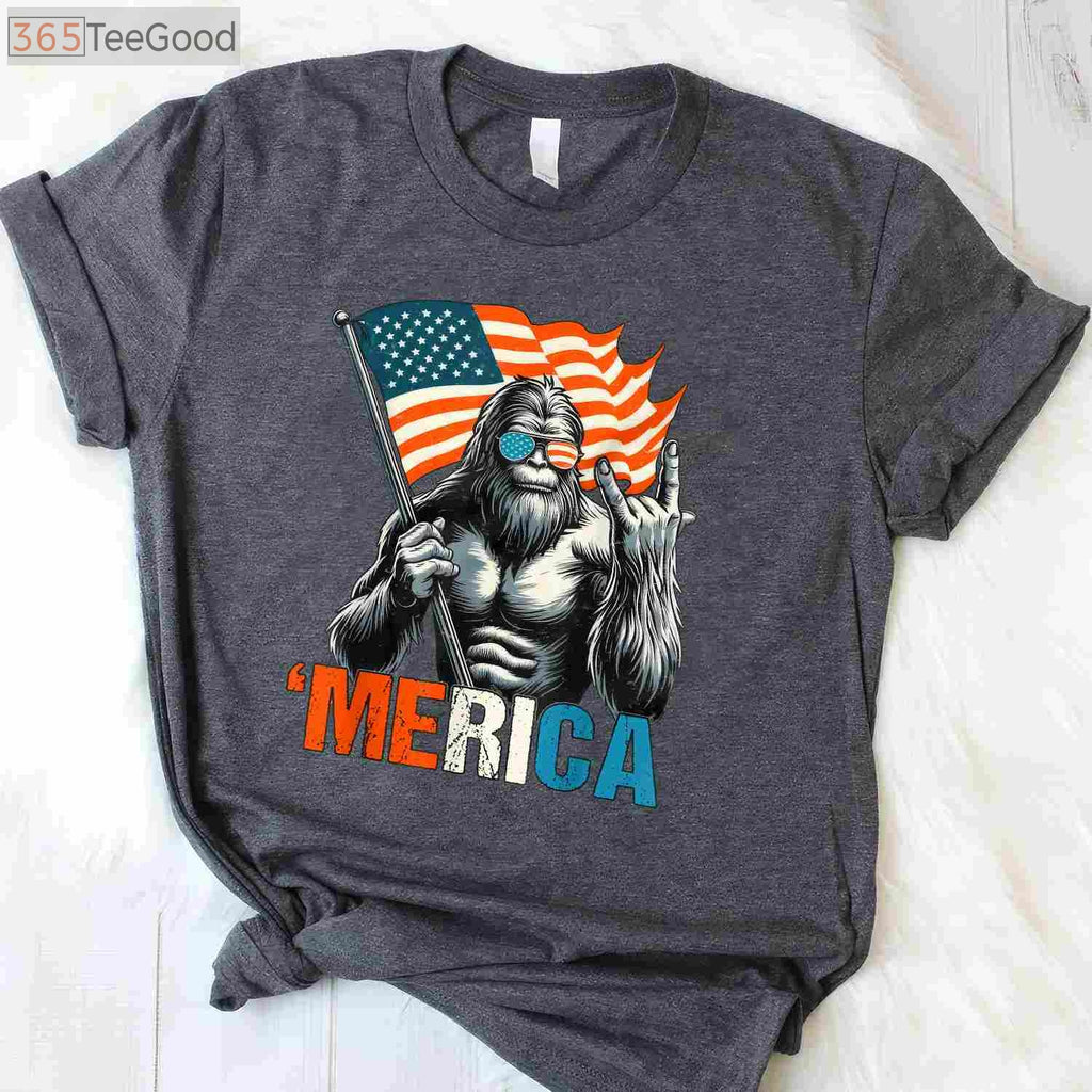 Bigfoot Merica Rock Patriotic 4th of July American Flag T-Shirt