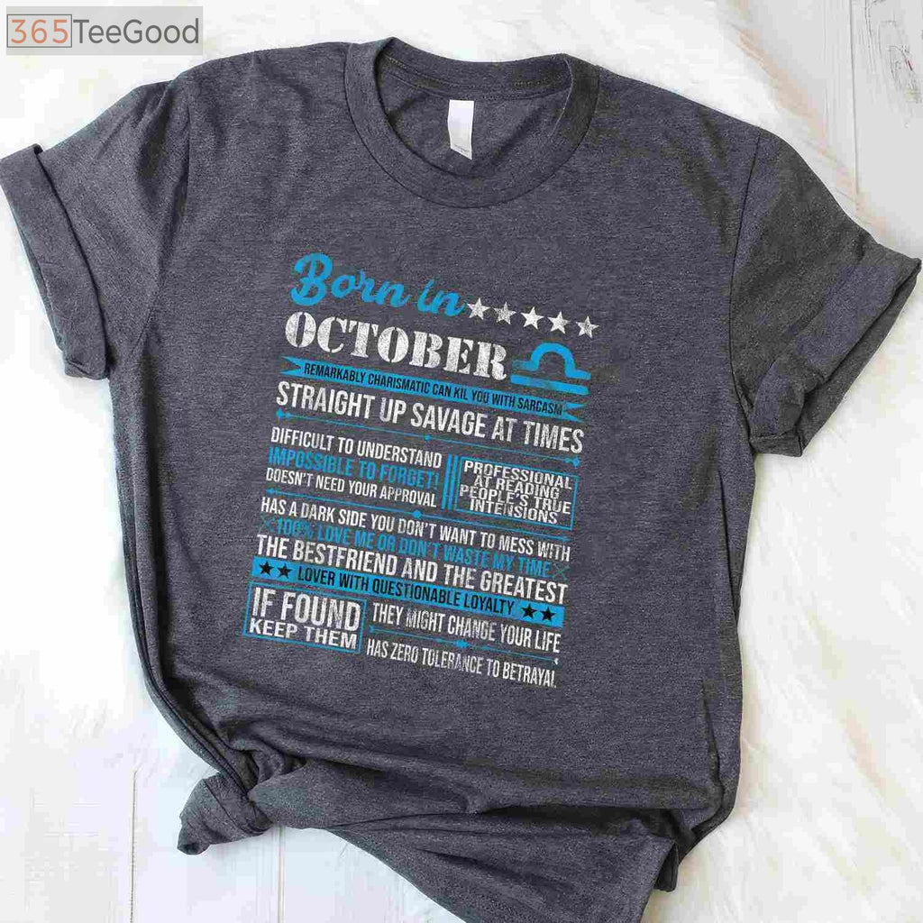 Born in October Libra Horoscope Birthday Shirt - Minimalist Zodiac Gift for Women