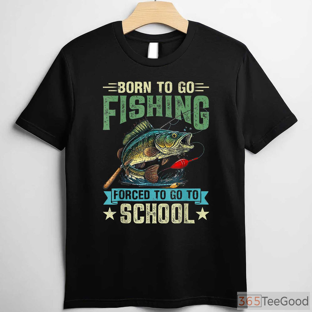 Born to Fish Forced to School Fishing Shirt, Funny Youth Boys Fishing Gift Tee