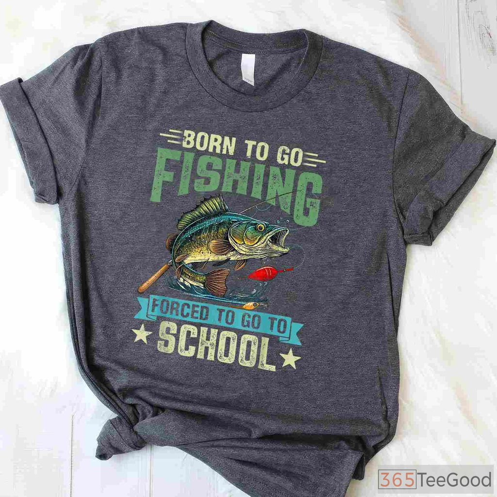 Born to Fish Forced to School Fishing Shirt, Funny Youth Boys Fishing Gift Tee