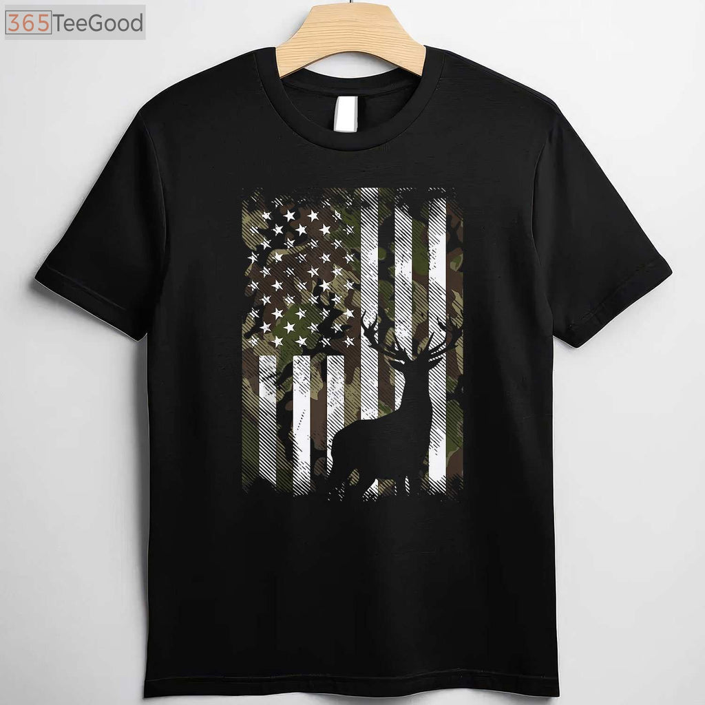 Camo US Flag Deer Elk Hunting Shirt, Hunter Dad Gift Short Sleeve Graphic Tee