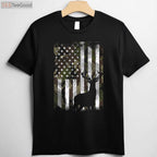 Camo US Flag Deer Elk Hunting Shirt, Hunter Dad Gift Short Sleeve Graphic Tee