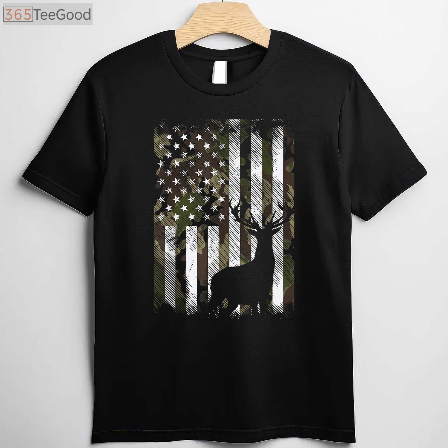 Camo US Flag Deer Hunting Shirt, American Flag Elk Buck Gift for Hunting Dads