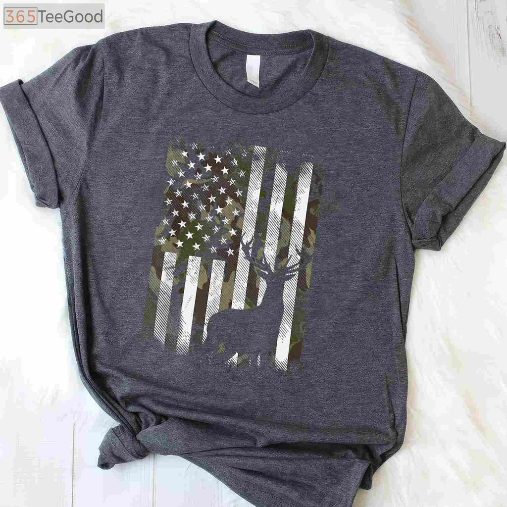 Camo US Flag Deer Elk Hunting Shirt, Hunter Dad Gift Short Sleeve Graphic Tee