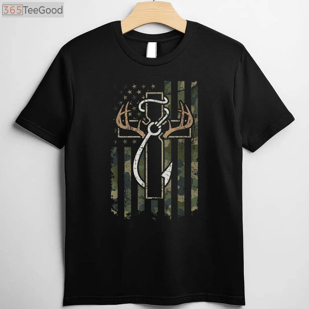 Christian Hunting Fishing Faith Shirt, Patriotic USA Flag Camo Faith Apparel
