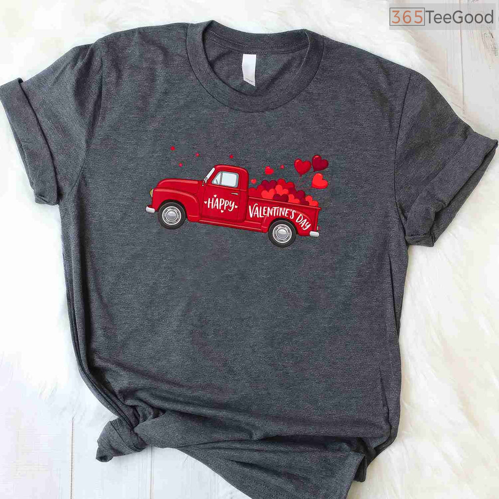 Classic Red Truck Happy Valentine's Day T-Shirt, Rustic Farmhouse Style Heart Shirt for Men Women