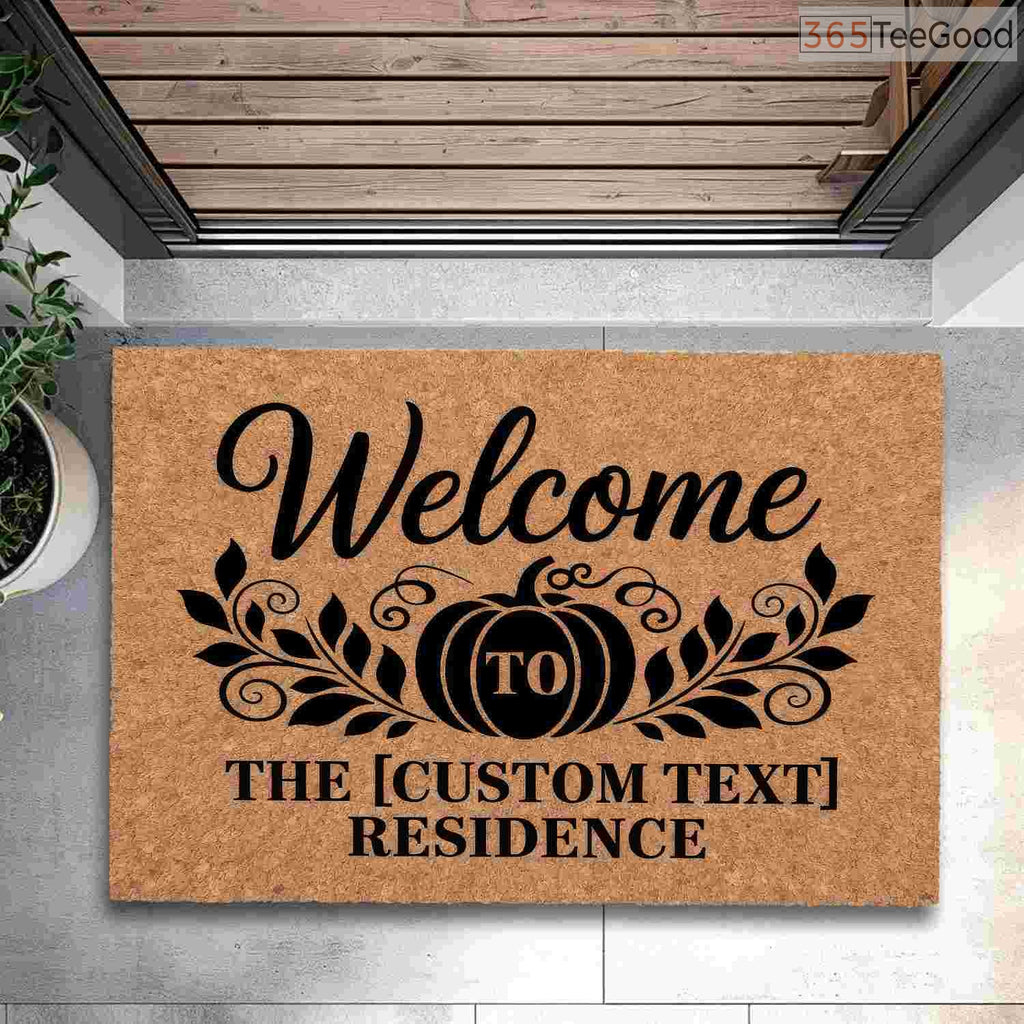 Custom Rustic Fall Doormat with Pumpkins and Leaves - Personalized Autumn Porch Decor Gift