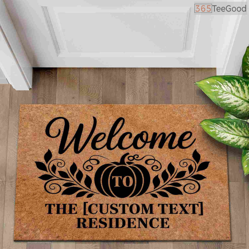 Custom Rustic Fall Doormat with Pumpkins and Leaves - Personalized Autumn Porch Decor Gift