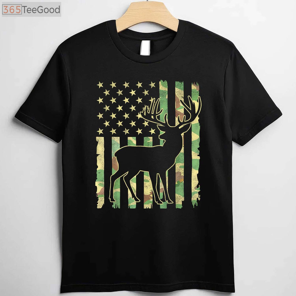 Deer Hunting USA Flag Hunting T-Shirt, Buck Camouflage Hunter Dad Hunting Shirt