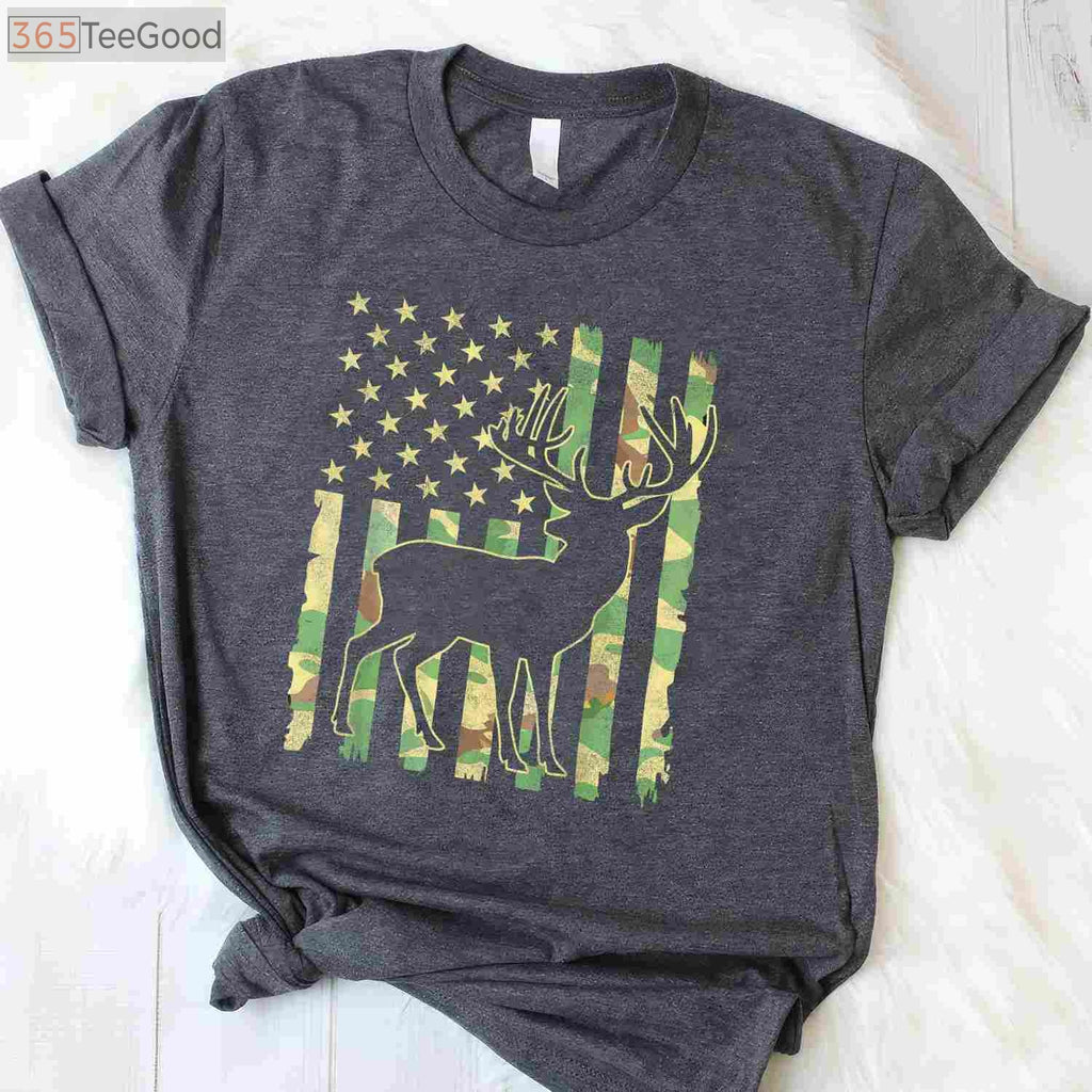 Deer Hunting USA Flag Hunting T-Shirt, Buck Camouflage Hunter Dad Hunting Shirt
