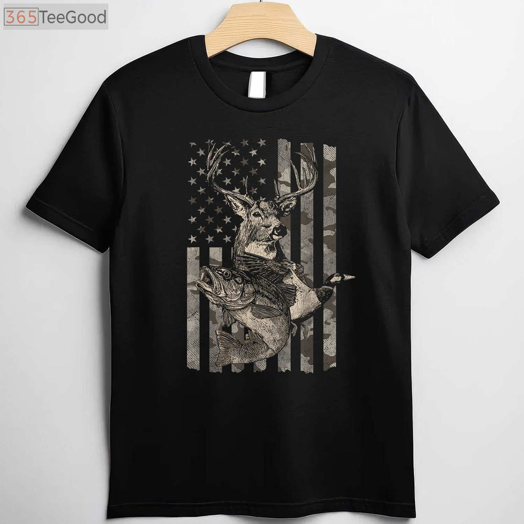 Distressed American Flag Fishing and Hunting Shirt, Dual Hobby Outdoor Gift
