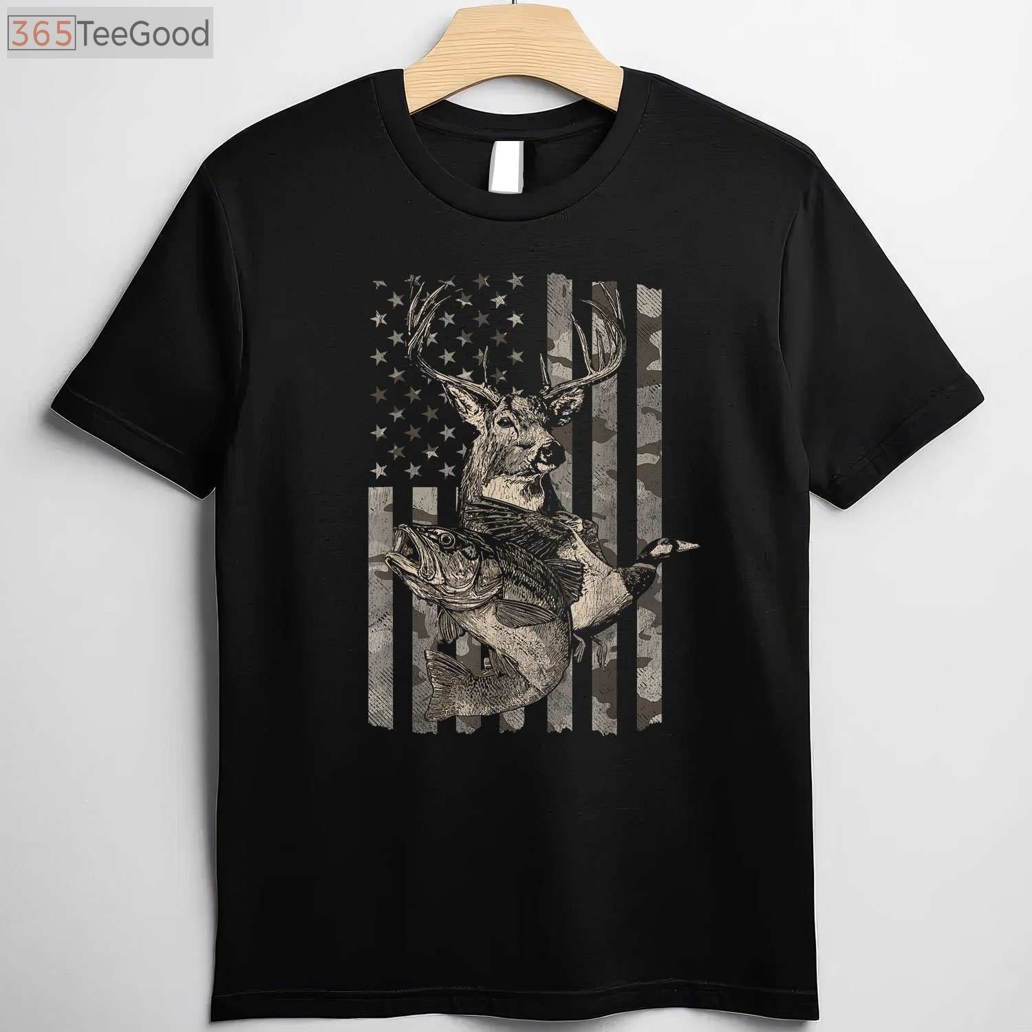 Distressed American Flag Fishing and Hunting Shirt, Dual Hobby Outdoor Gift