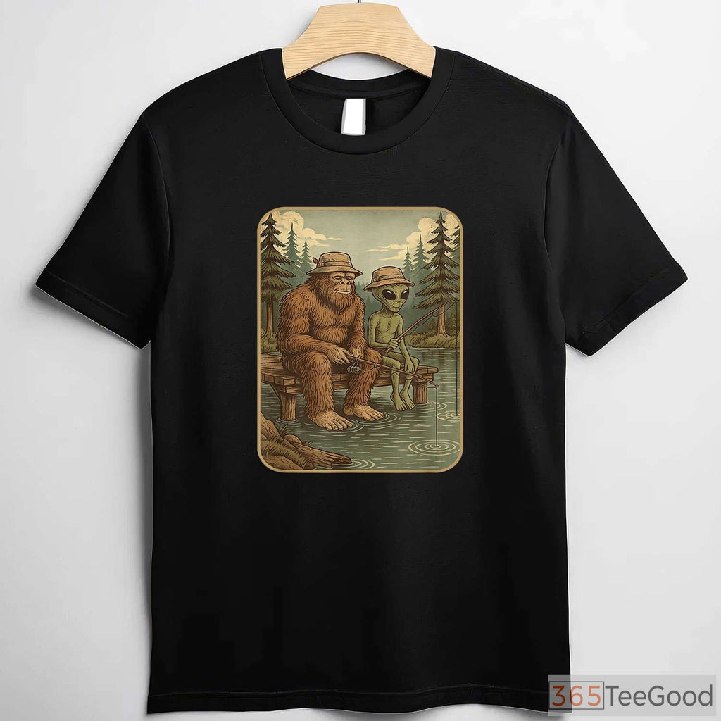 Distressed Bigfoot Fishing Sasquatch Shirt, Cool Wilderness Graphic Tee for Boys and Men