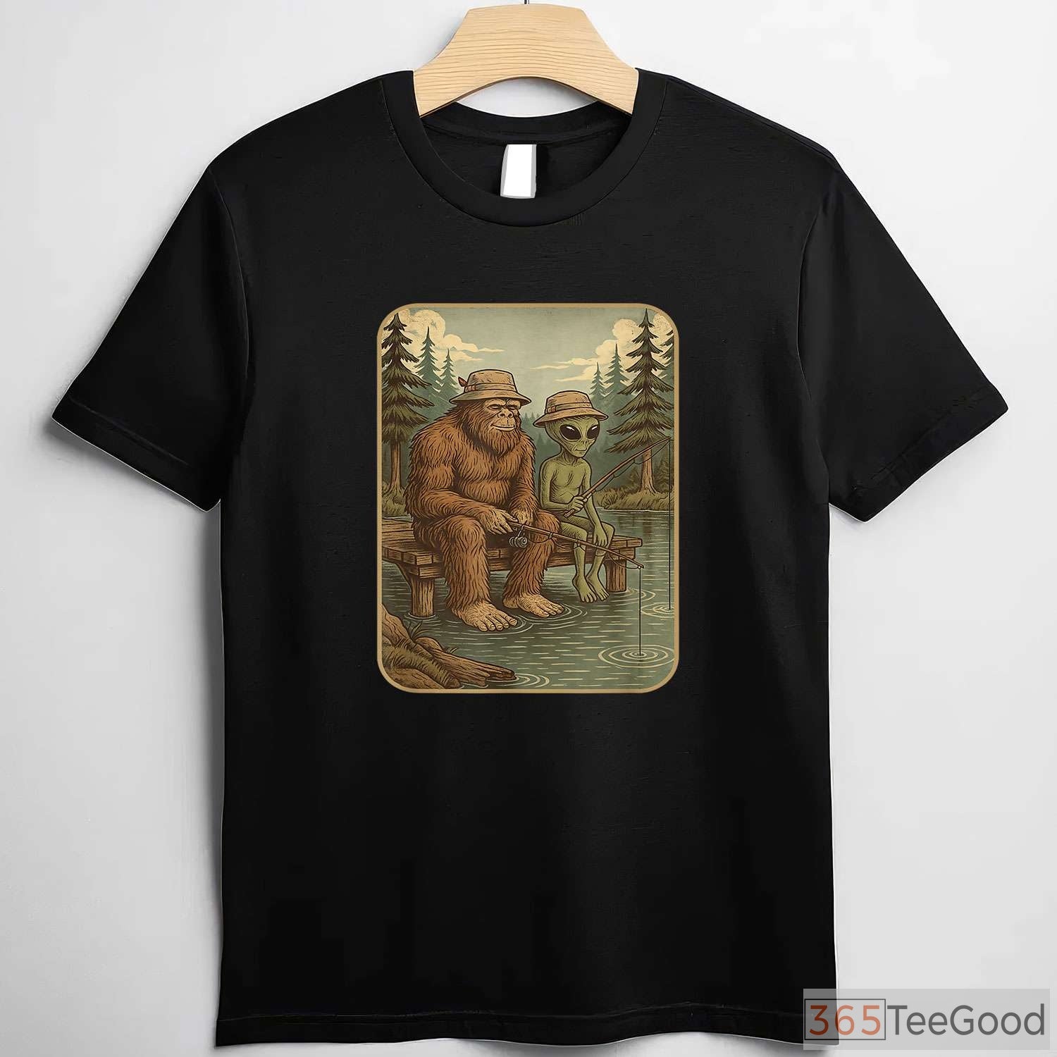 Distressed Bigfoot Fishing Sasquatch Shirt, Cool Wilderness Graphic Tee for Boys and Men