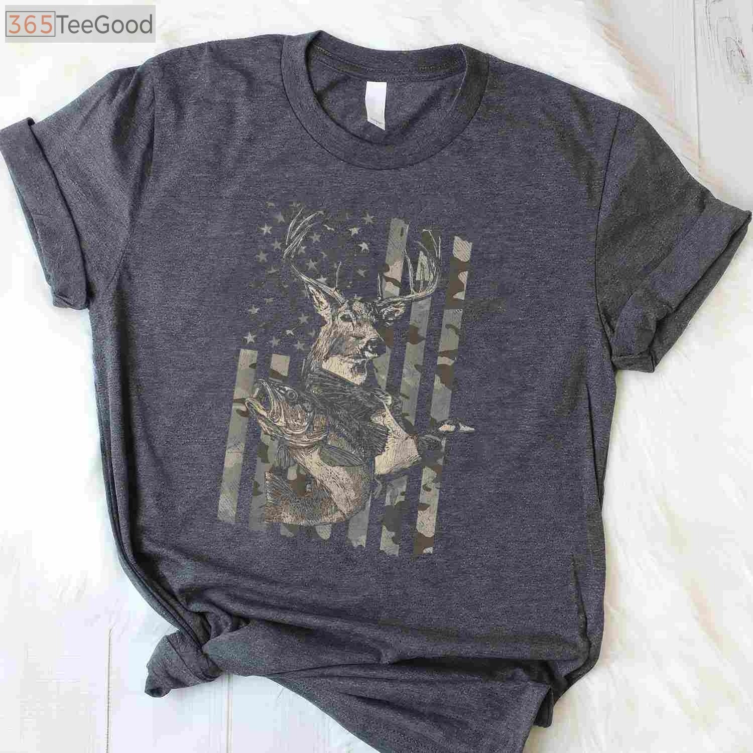 Distressed American Flag Fishing and Hunting Shirt, Dual Hobby Outdoor Gift