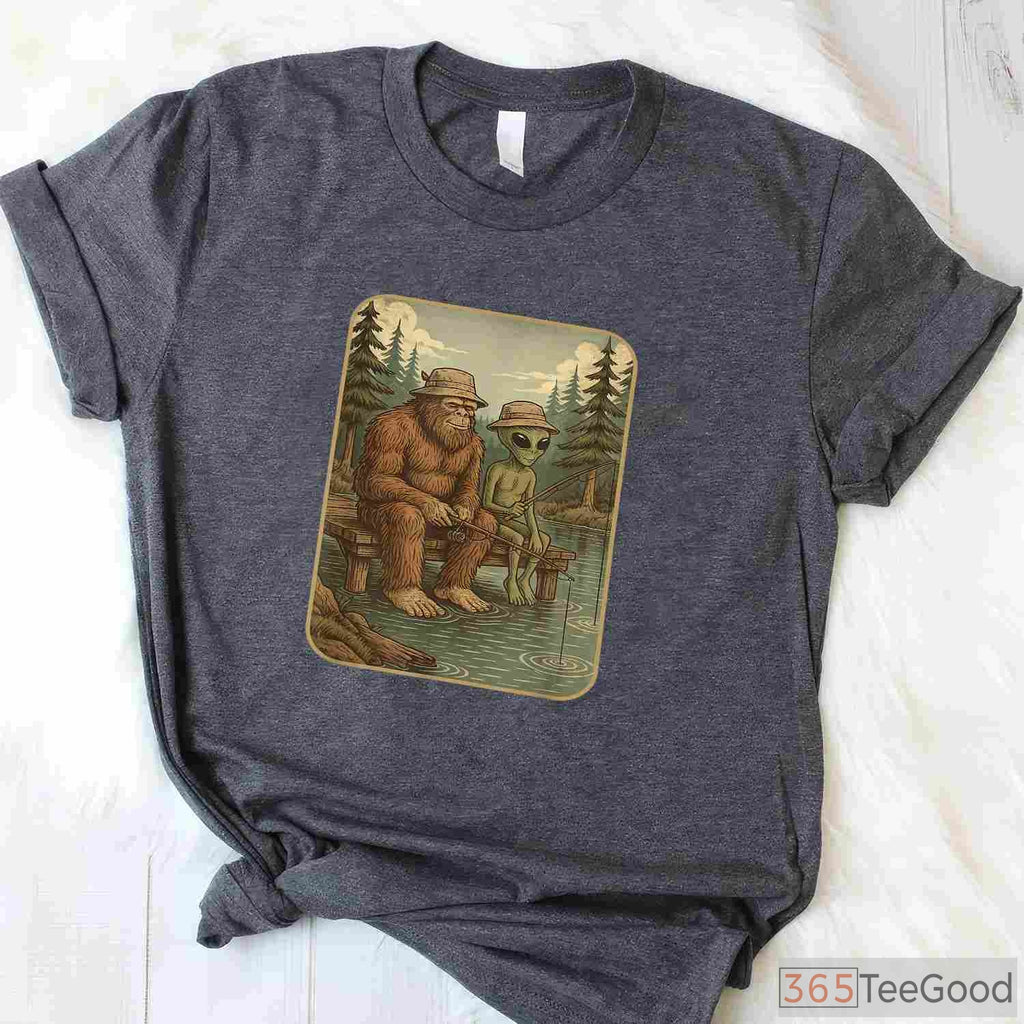 Distressed Bigfoot Fishing Sasquatch Shirt, Cool Wilderness Graphic Tee for Boys and Men