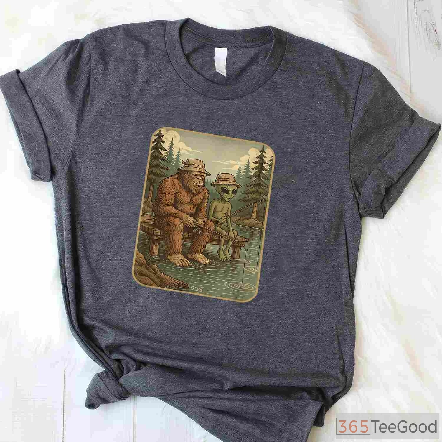 Distressed Bigfoot Fishing Sasquatch Shirt, Cool Wilderness Graphic Tee for Boys and Men