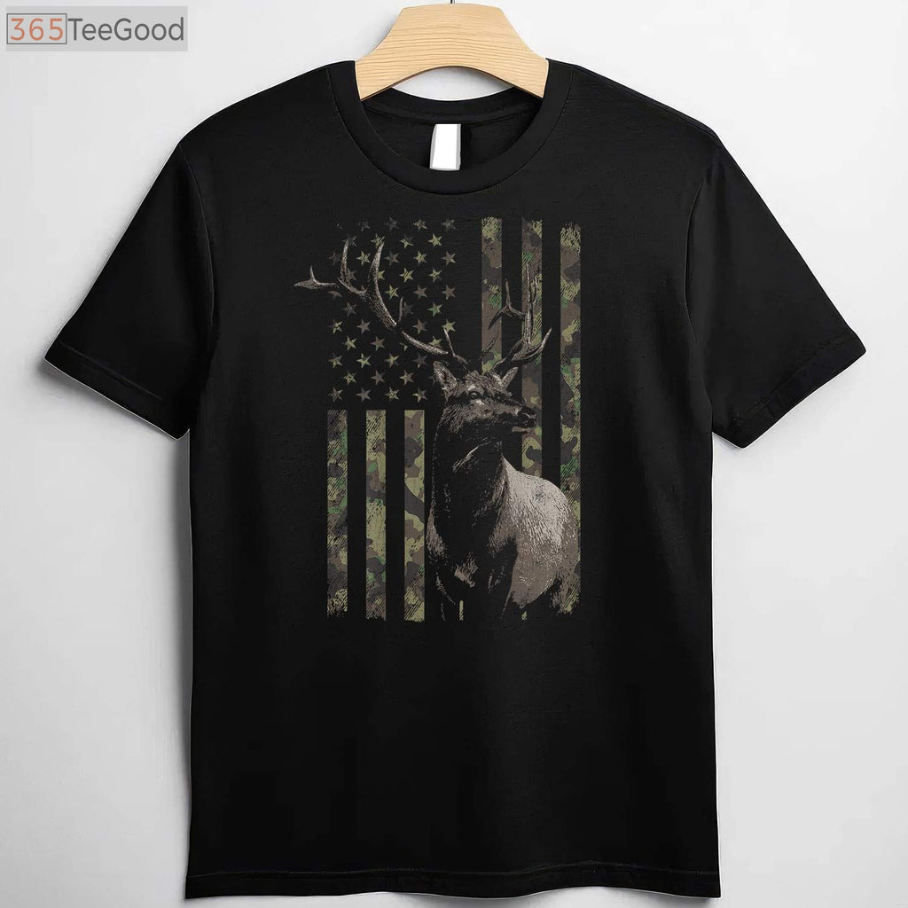 Elk Hunting Camo American Flag Hunting T-Shirt, Camouflage Elk Hunter Shirt