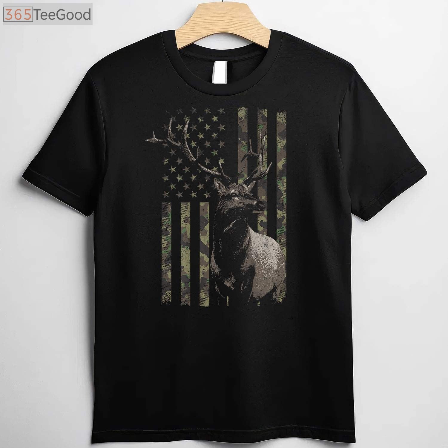 Elk Hunting Camo American Flag Hunting T-Shirt, Camouflage Elk Hunter Shirt