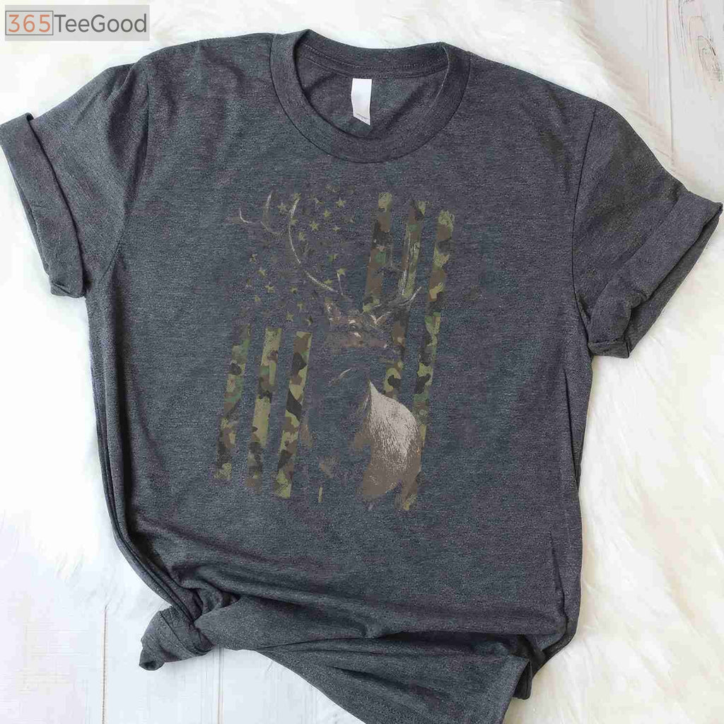 Elk Hunting Camo American Flag Hunting T-Shirt, Camouflage Elk Hunter Shirt