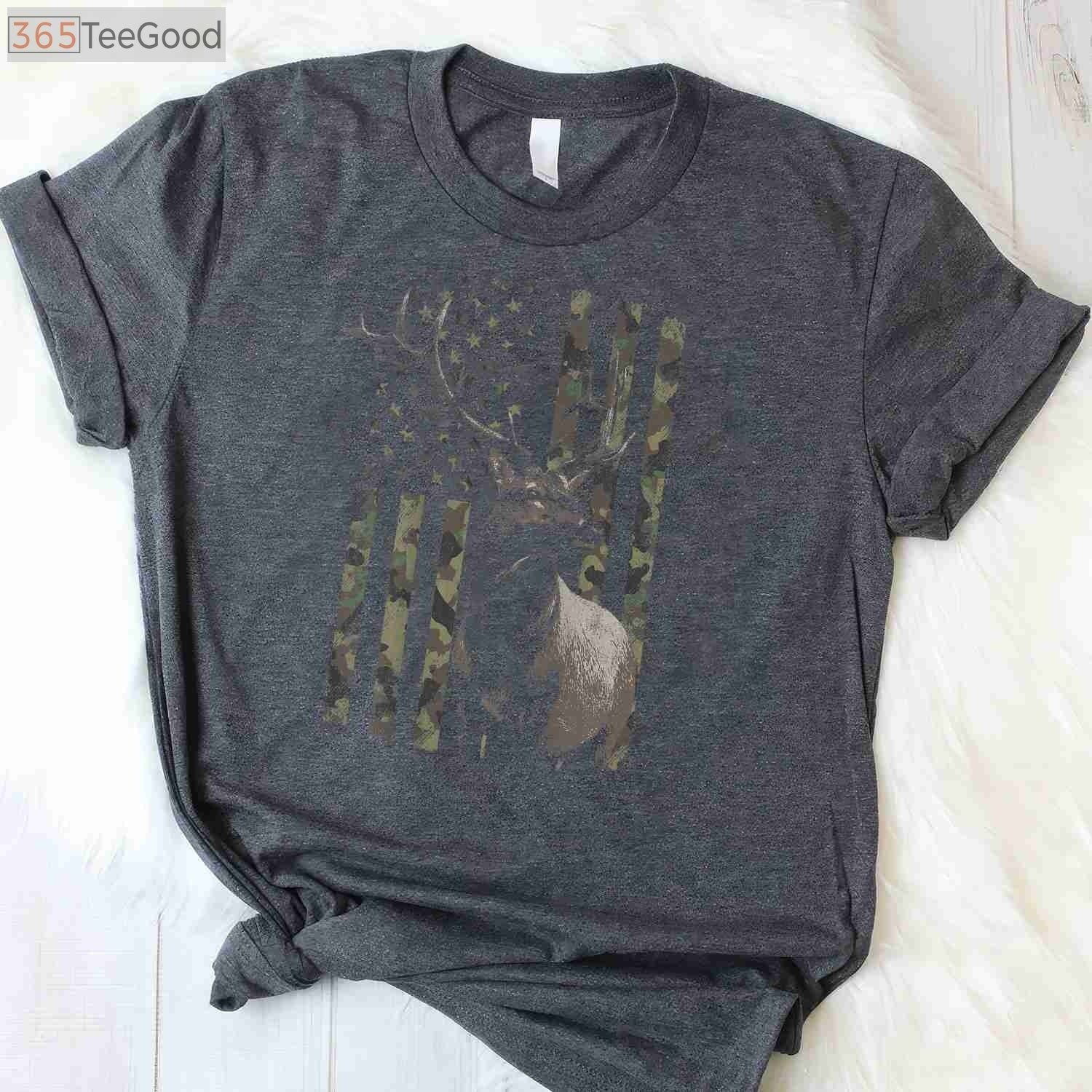 Elk Hunting Camo American Flag Hunting T-Shirt, Camouflage Elk Hunter Shirt