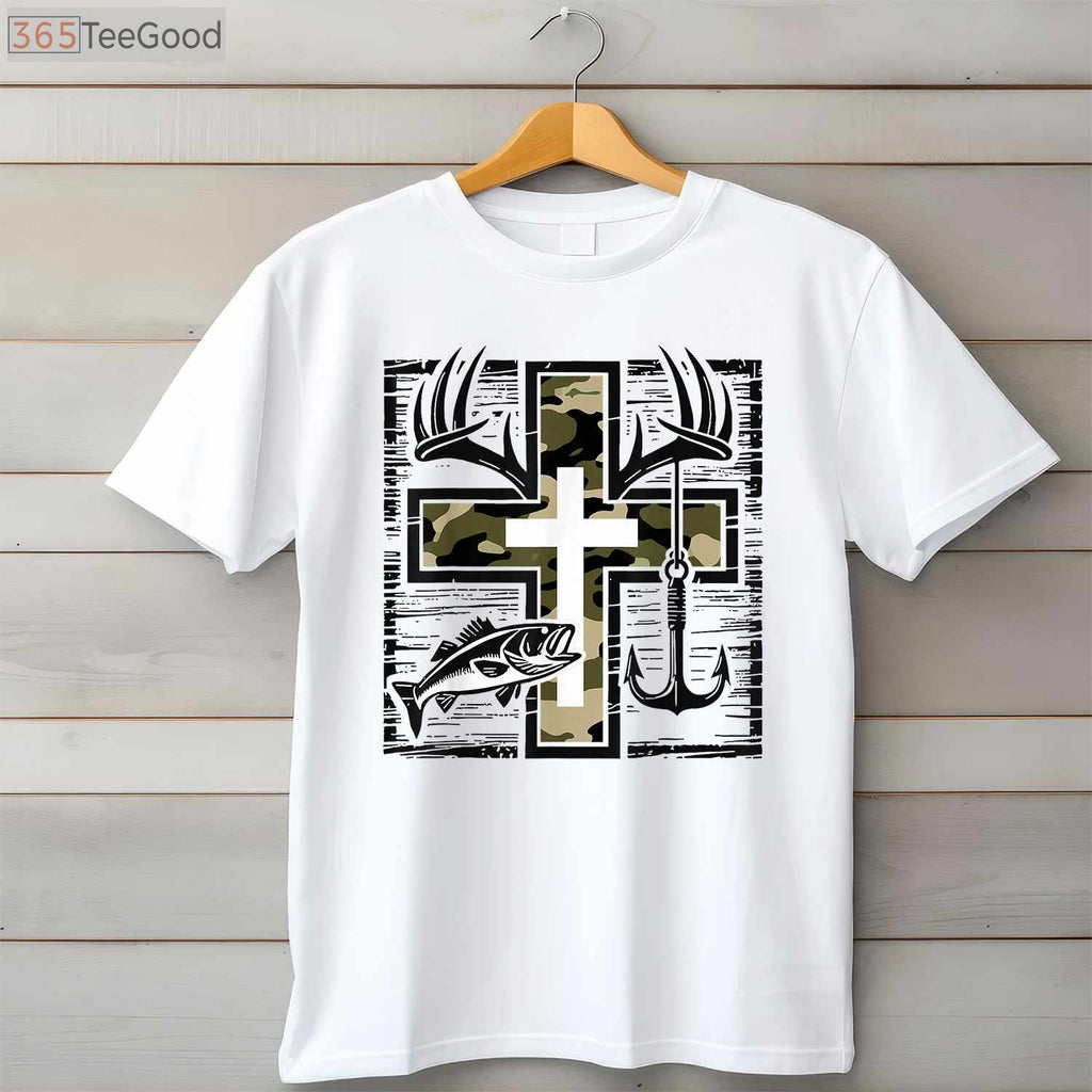 Faith Fishing and Hunting Shirt, Christian Camo Cross Bass Hook Graphic Tee