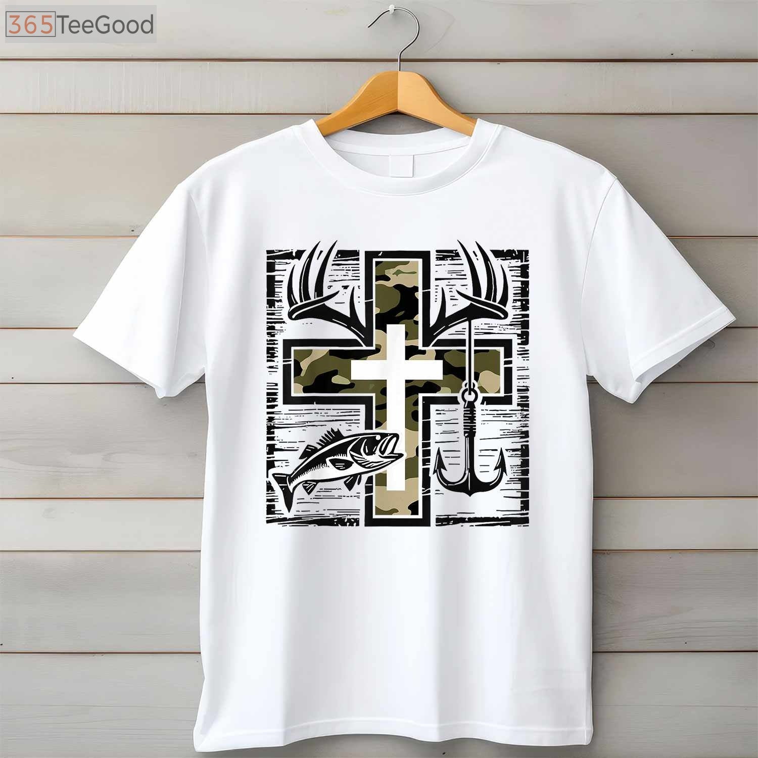 Faith Fishing and Hunting Shirt, Christian Camo Cross Bass Hook Graphic Tee