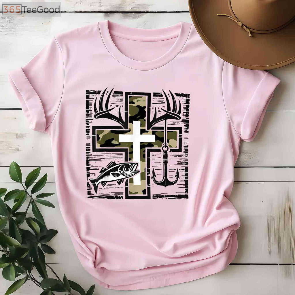Faith Fishing and Hunting Shirt, Christian Camo Cross Bass Hook Graphic Tee