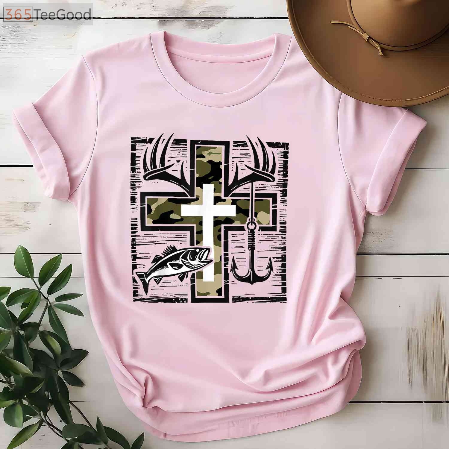 Faith Fishing and Hunting Shirt, Christian Camo Cross Bass Hook Graphic Tee