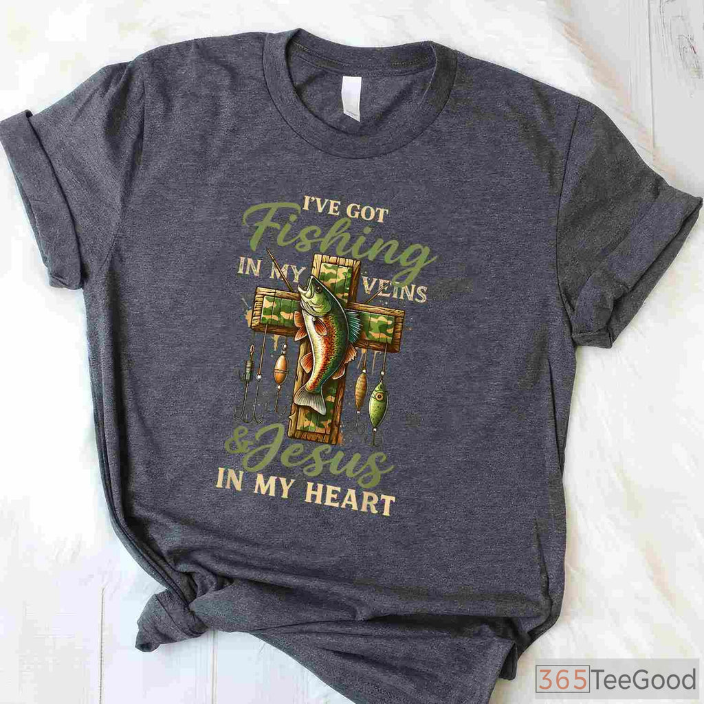 Fishing in My Veins Jesus in My Heart Shirt, Christian Angler Apparel