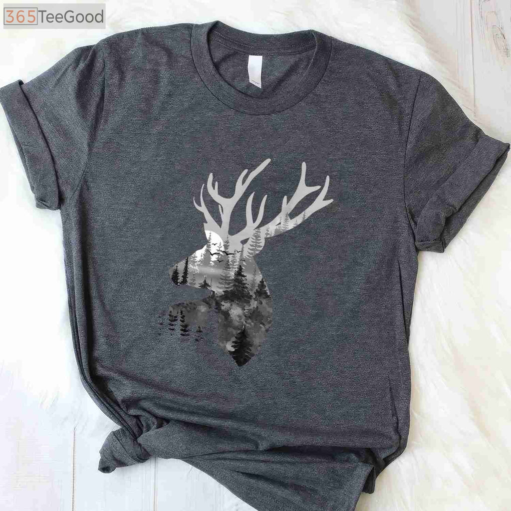 Forest Wildlife Silhouette Buck Deer Hunting Art Shirt, Nature Lover Graphic Tee