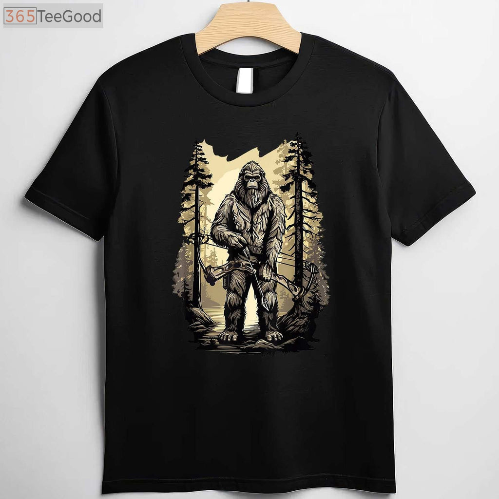 Funny Bigfoot Bow Hunting Shirt, Sasquatch Archery and Woodman Humor Tee