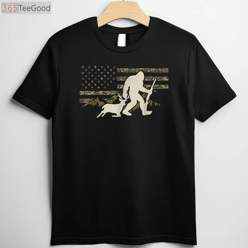 Funny Bigfoot Deer Hunting USA Flag T-Shirt, Sasquatch Buck Season Apparel