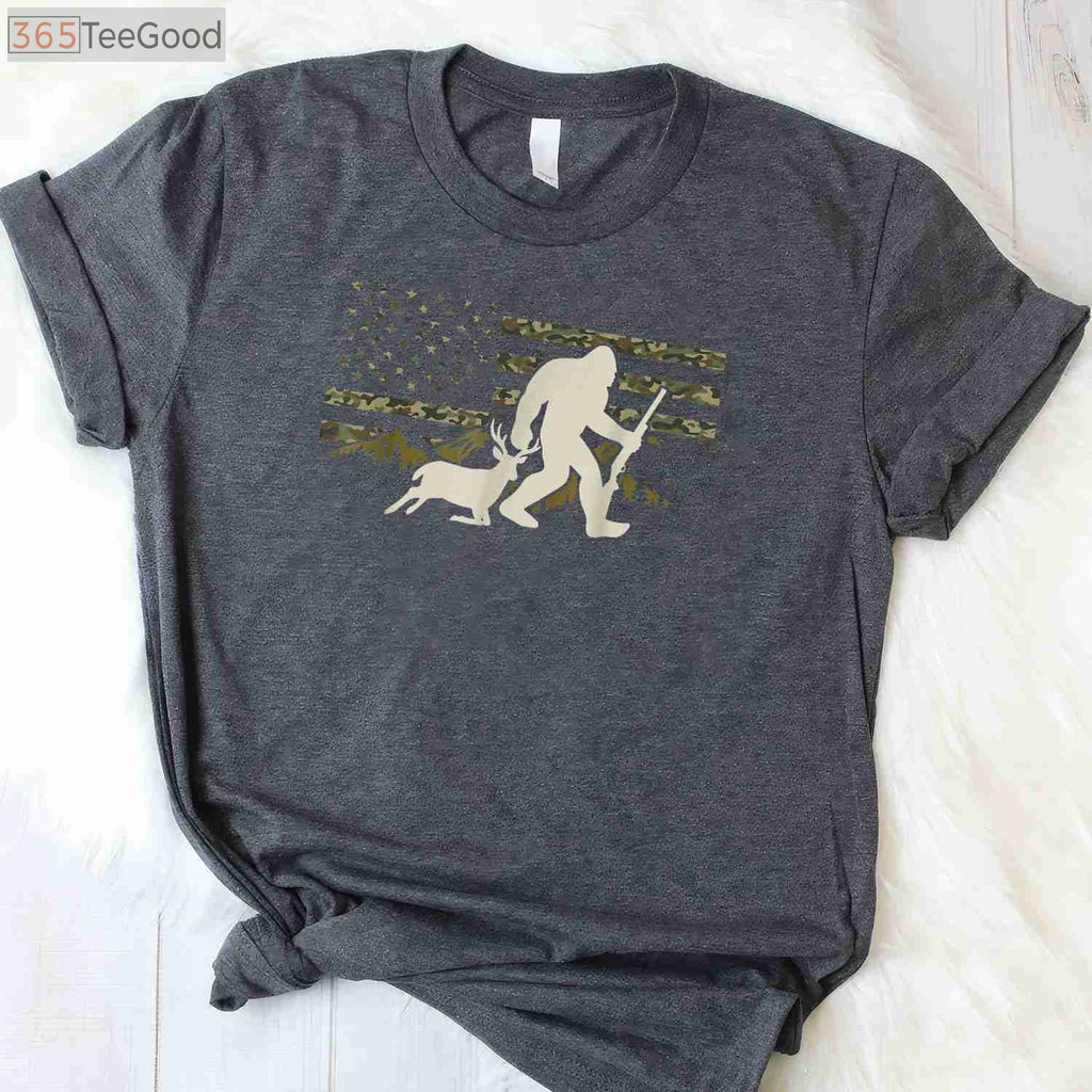 Funny Bigfoot Deer Hunting USA Flag T-Shirt, Sasquatch Buck Season Apparel