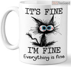 Funny Black Cat Ceramic Mug – It’s Fine Everything Is Fine Coffee Mug Gift for Cat Lovers