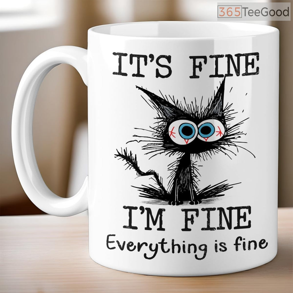 Funny Black Cat Ceramic Mug – It’s Fine Everything Is Fine Coffee Mug Gift for Cat Lovers