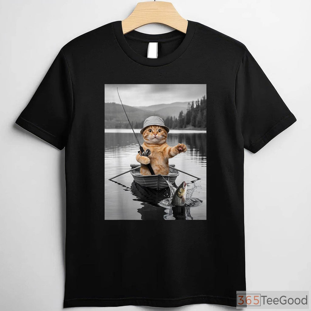 Funny Cat Selfie Boat Fishing Shirt, Weird Cat Meme Fishing Apparel for Men