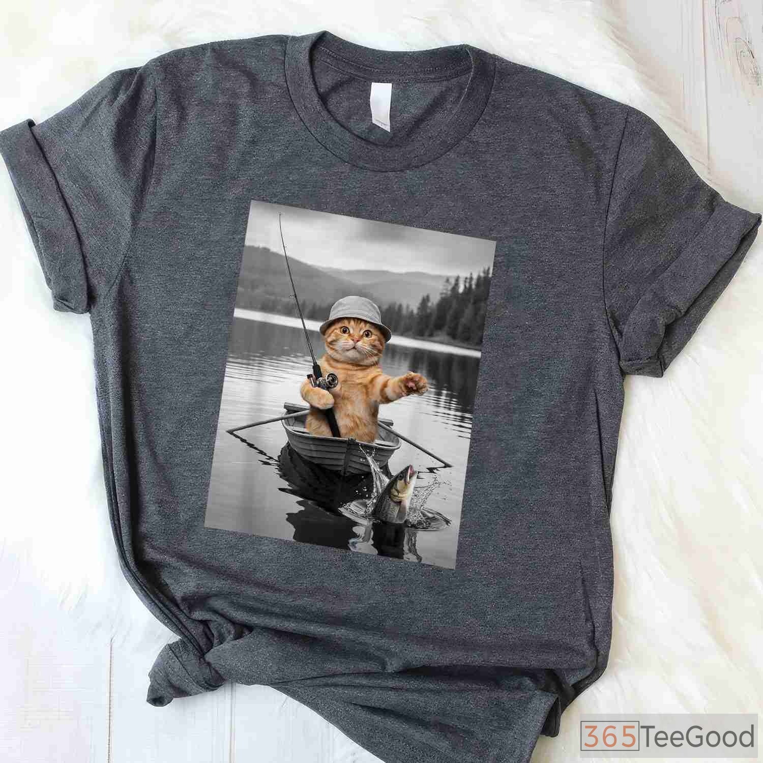 Funny Cat Selfie Boat Fishing Shirt, Weird Cat Meme Fishing Apparel for Men