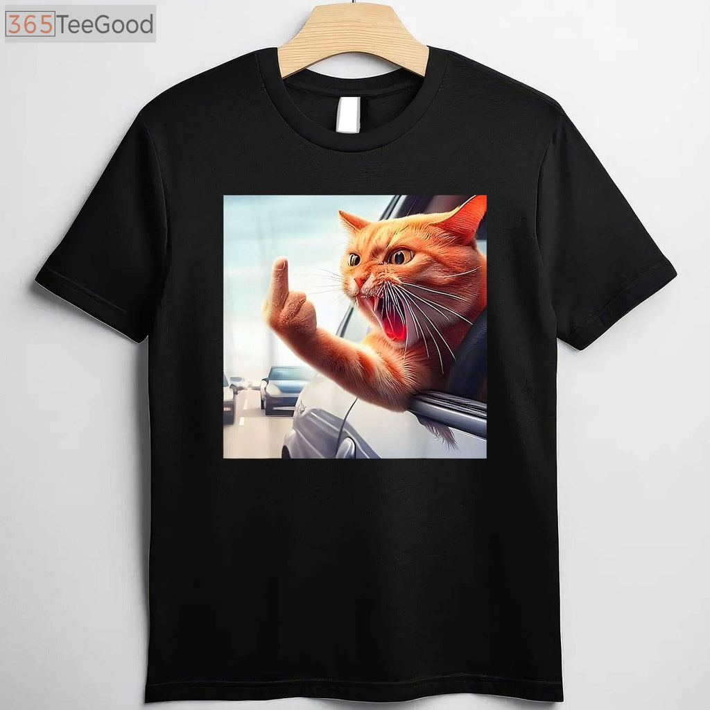 Funny Cat Middle Finger T-Shirt - Hilarious Sassy Cat in Car Graphic Tee