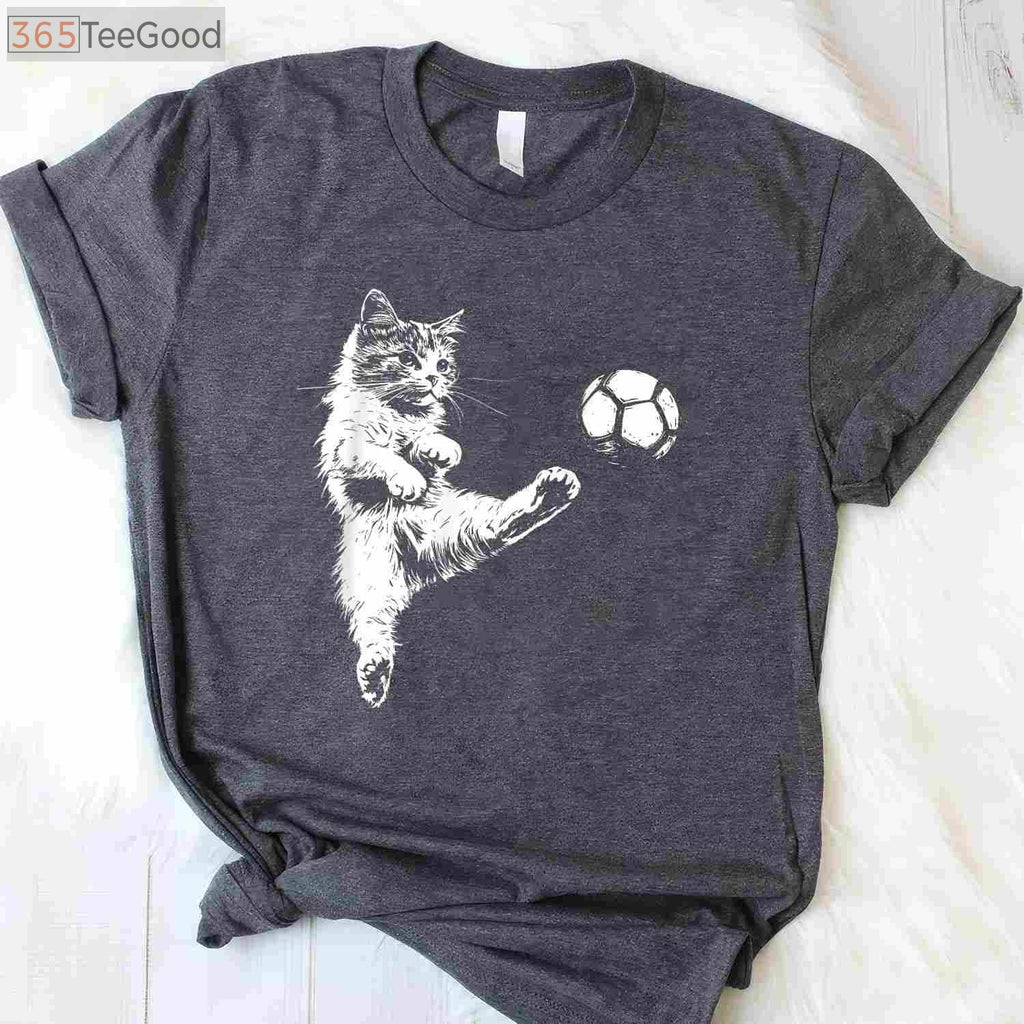 Funny Cat Soccer Ball T-Shirt - Cute Kitten Playing Sports Graphic Tee